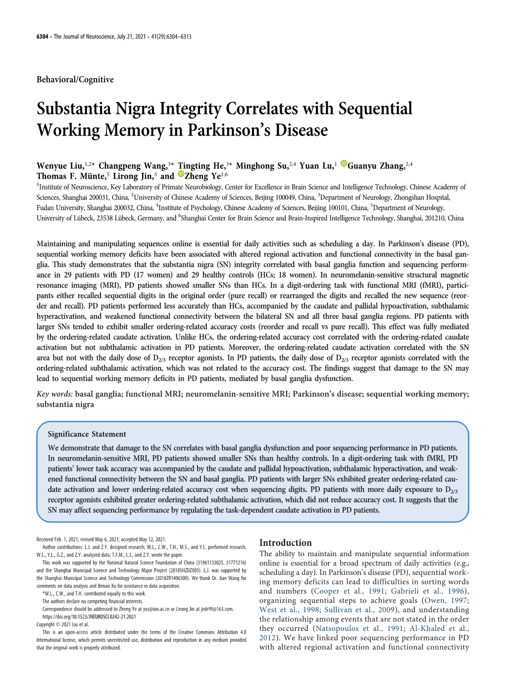Substantia Nigra Integrity Correlates with Sequential Working Memory in Parkinson’S Disease