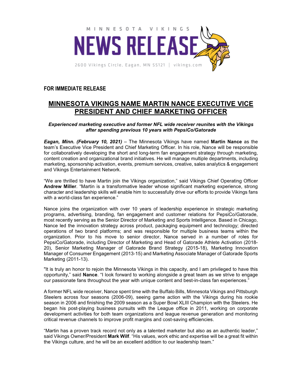 Minnesota Vikings Name Martin Nance Executive Vice President and Chief Marketing Officer