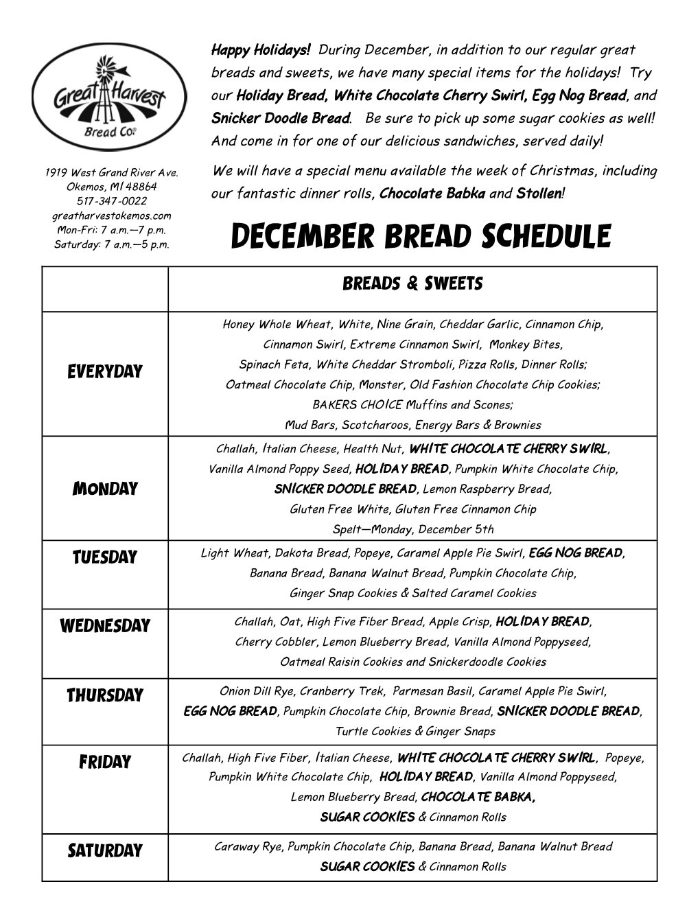 DECEMBER Bread Schedule