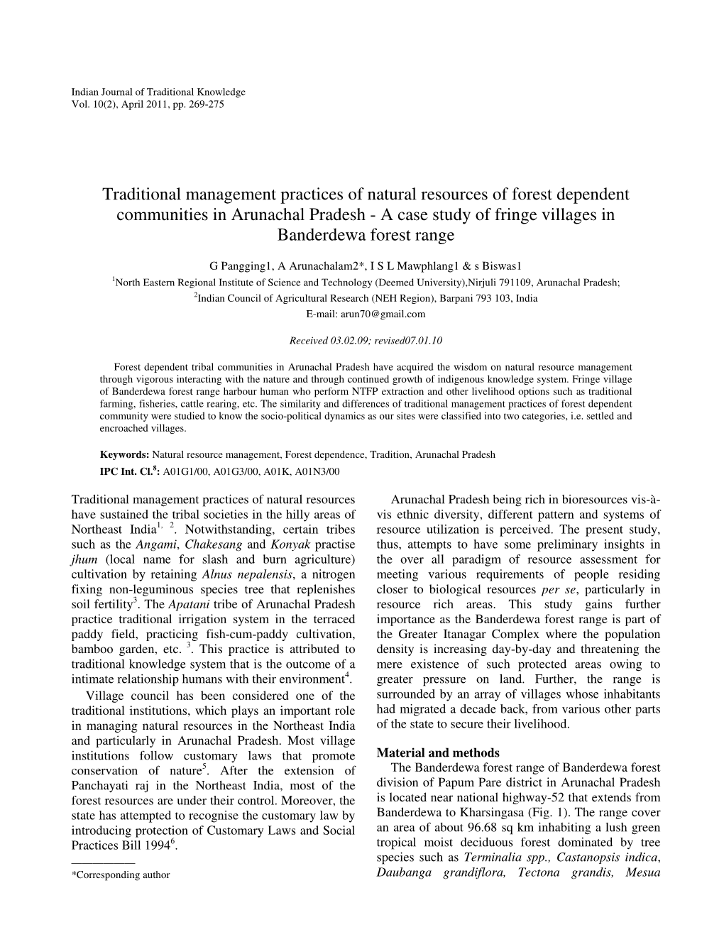 Traditional Management Practices of Natural Resources of Forest Dependent Communities in Arunachal Pradesh