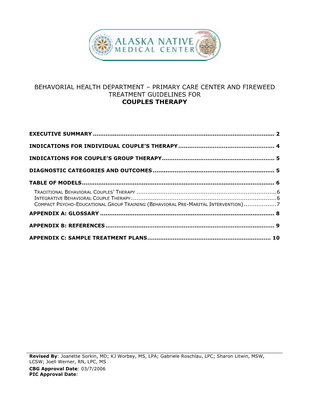Behavorial Health Department – Primary Care Center and Fireweed Treatment Guidelines for Couples Therapy