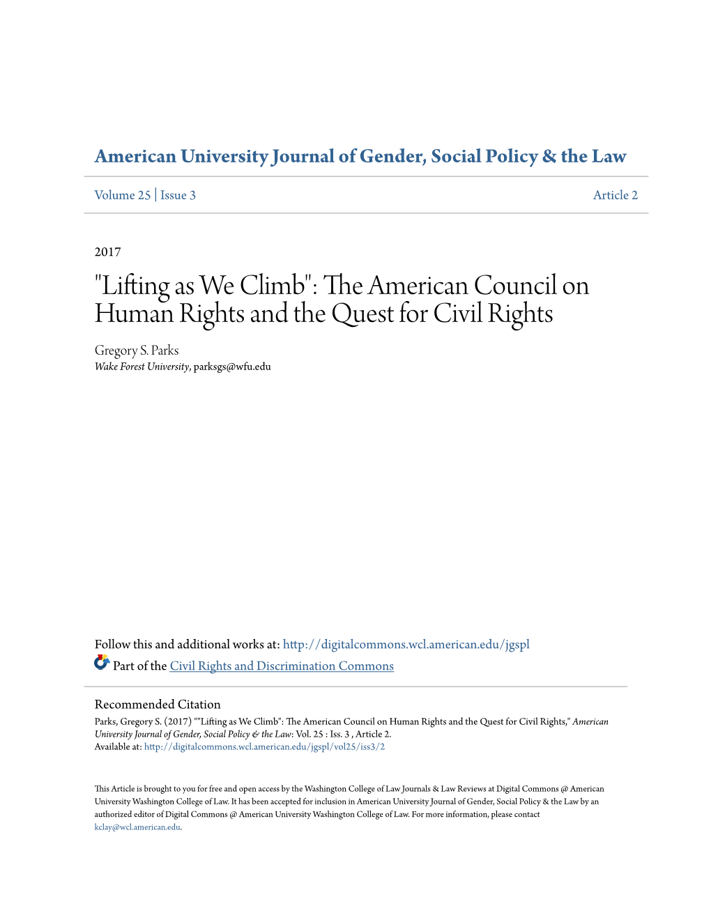 The American Council on Human Rights and the Quest for Civil Rights Gregory S