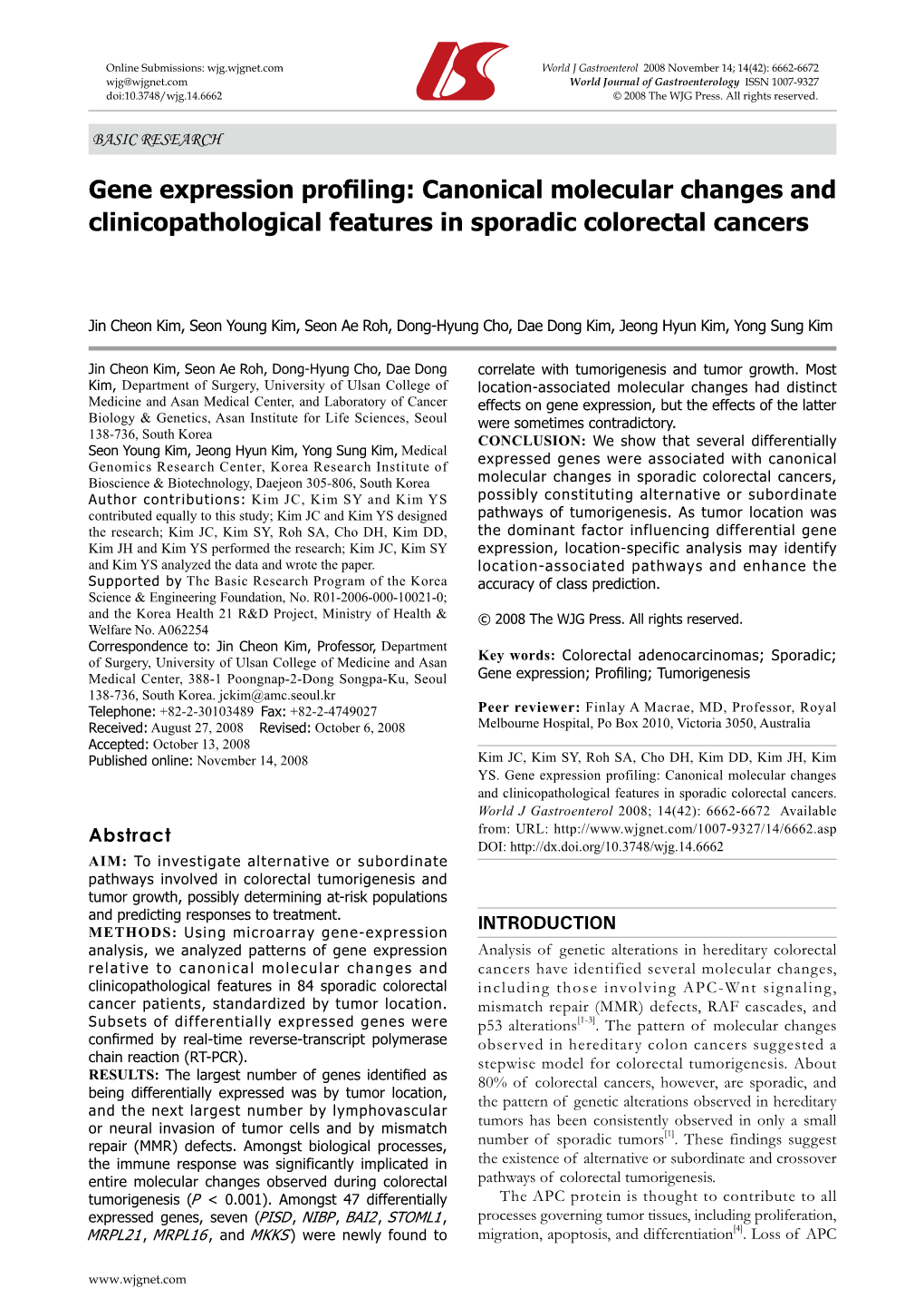 Gene Expression Profiling: Canonical Molecular Changes and Clinicopathological Features in Sporadic Colorectal Cancers