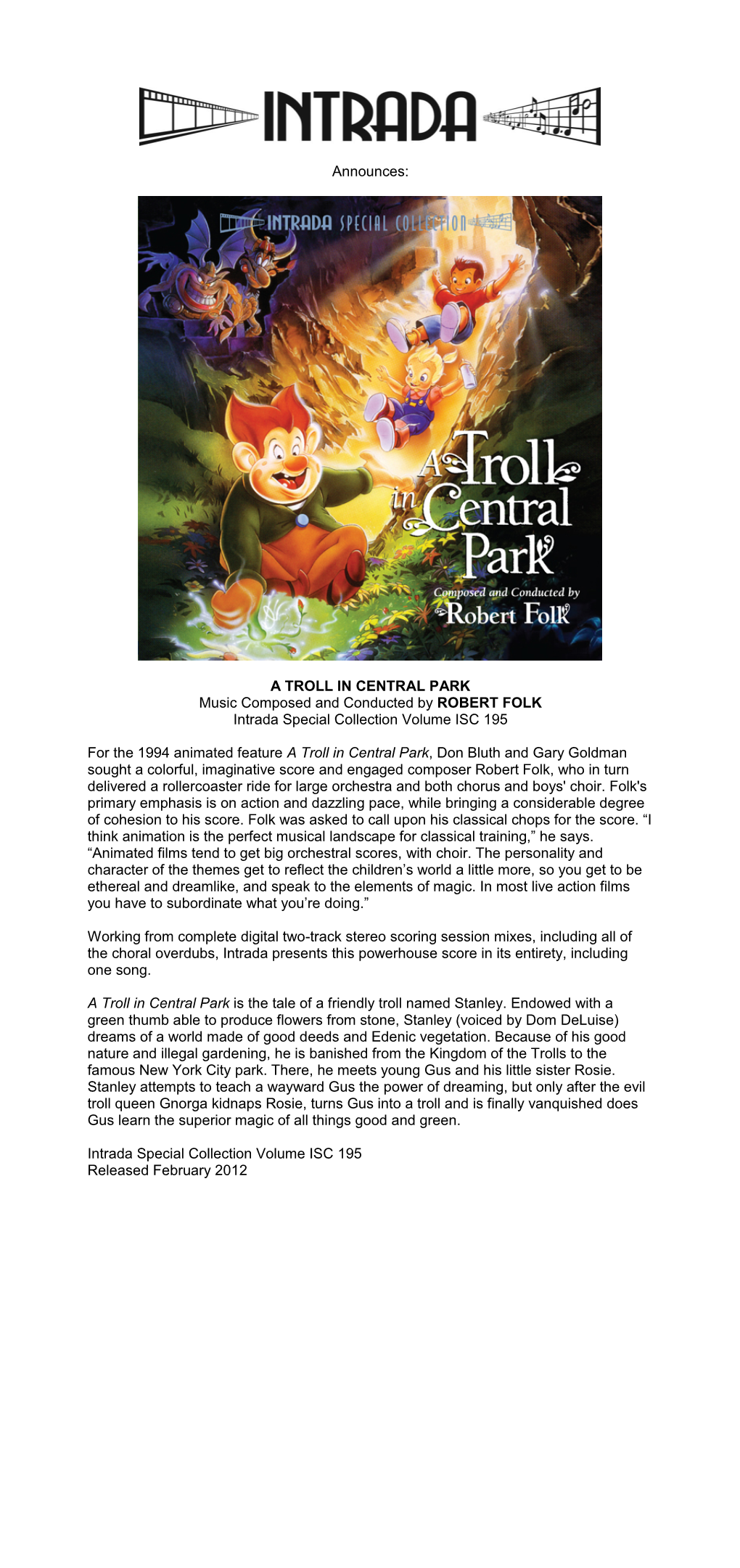 Announces: a TROLL in CENTRAL PARK Music Composed And