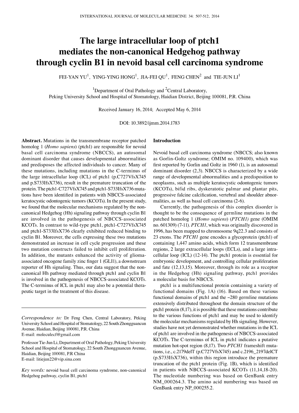 The Large Intracellular Loop of Ptch1 Mediates the Non-Canonical Hedgehog Pathway Through Cyclin B1 in Nevoid Basal Cell Carcinoma Syndrome