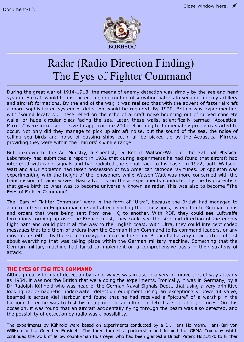 Radar (Radio Direction Finding) the Eyes of Fighter Command