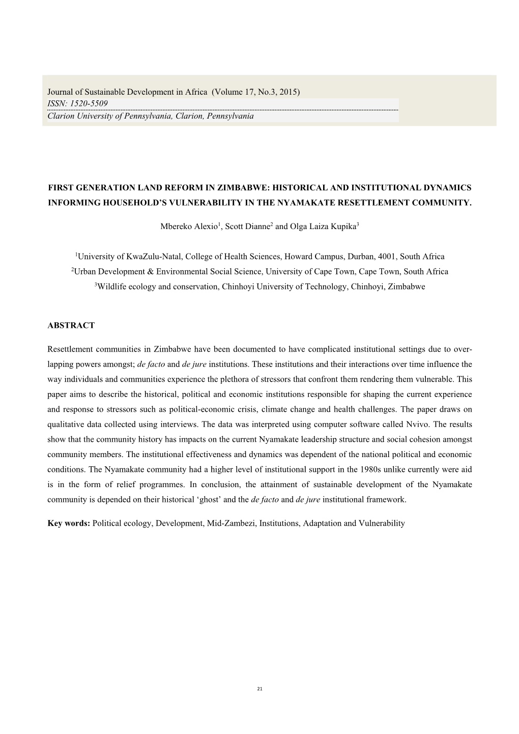 First Generation Land Reform in Zimbabwe: Historical and Institutional Dynamics Informing Household’S Vulnerability in the Nyamakate Resettlement Community