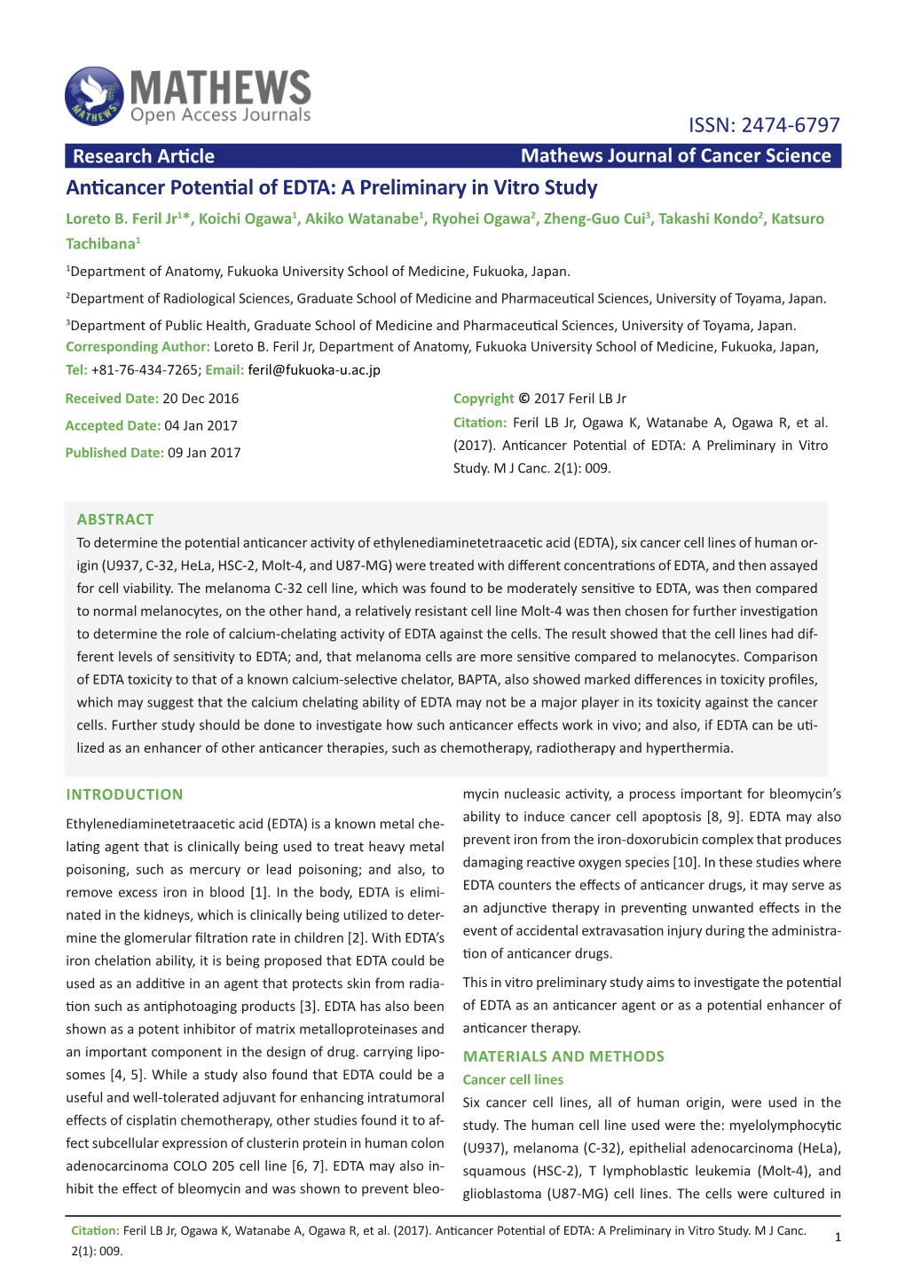 Anticancer Potential of EDTA: a Preliminary in Vitro Study ISSN