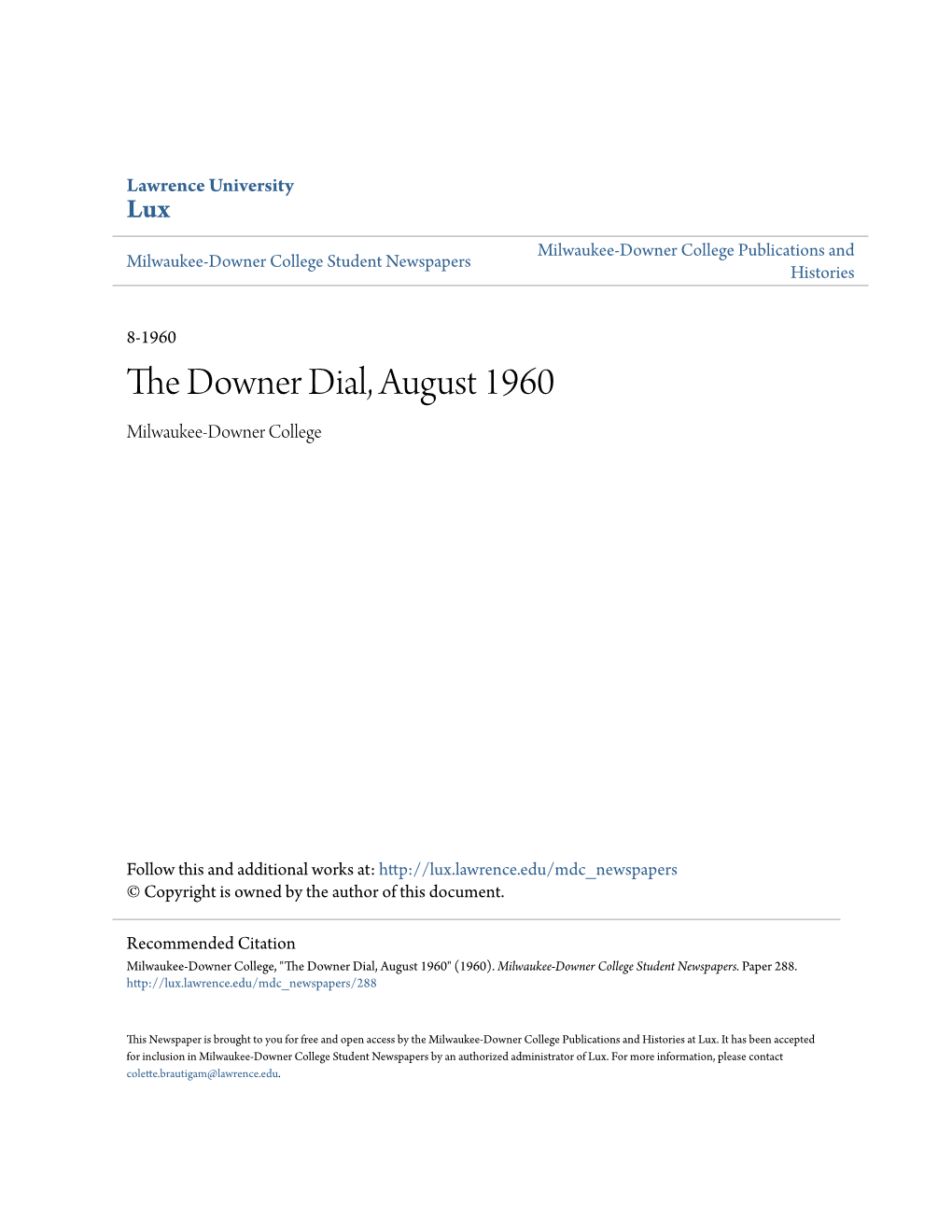 The Downer Dial, August 1960