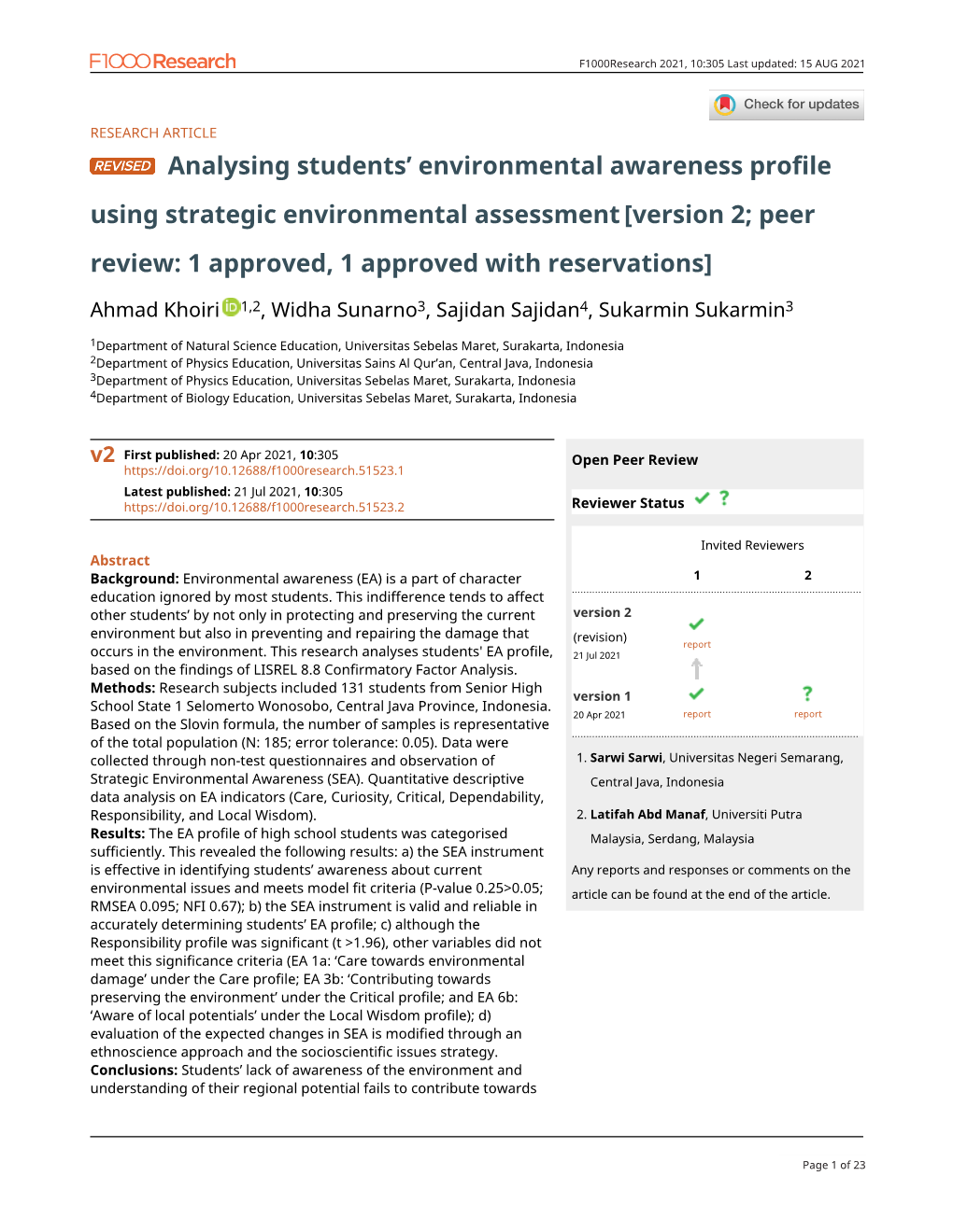 Analysing Students' Environmental Awareness Profile Using Strategic