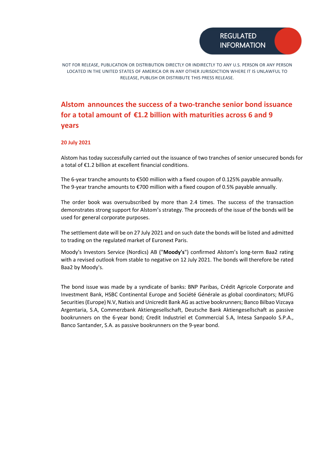 Alstom Announces the Success of a Two-Tranche Senior Bond Issuance for a Total Amount of €1.2 Billion with Maturities Across 6 and 9 Years