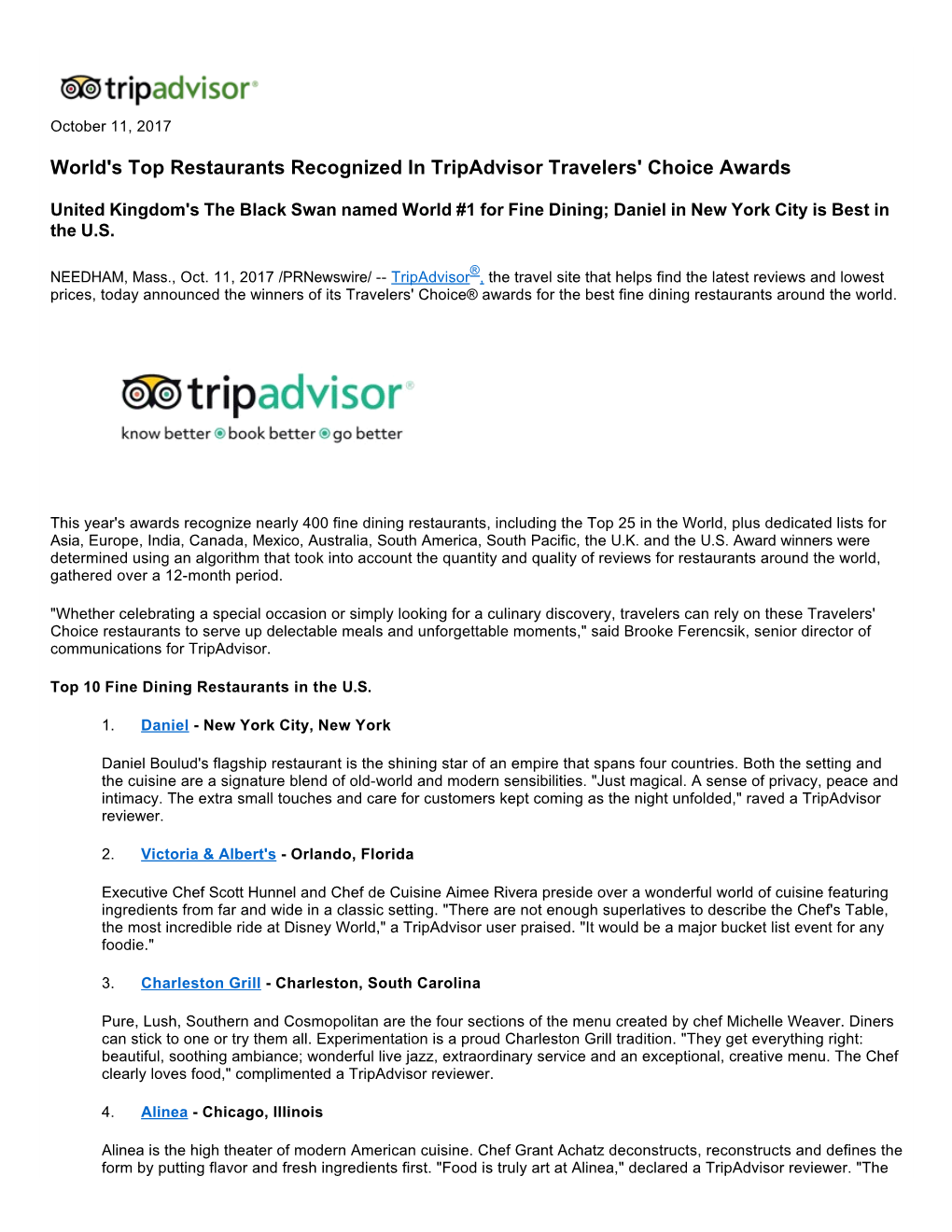 World's Top Restaurants Recognized in Tripadvisor Travelers' Choice Awards