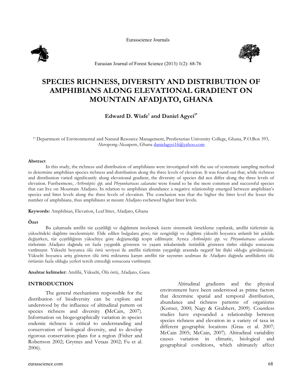 Species Richness, Diversity and Distribution of Amphibians Along Elevational Gradient on Mountain Afadjato, Ghana