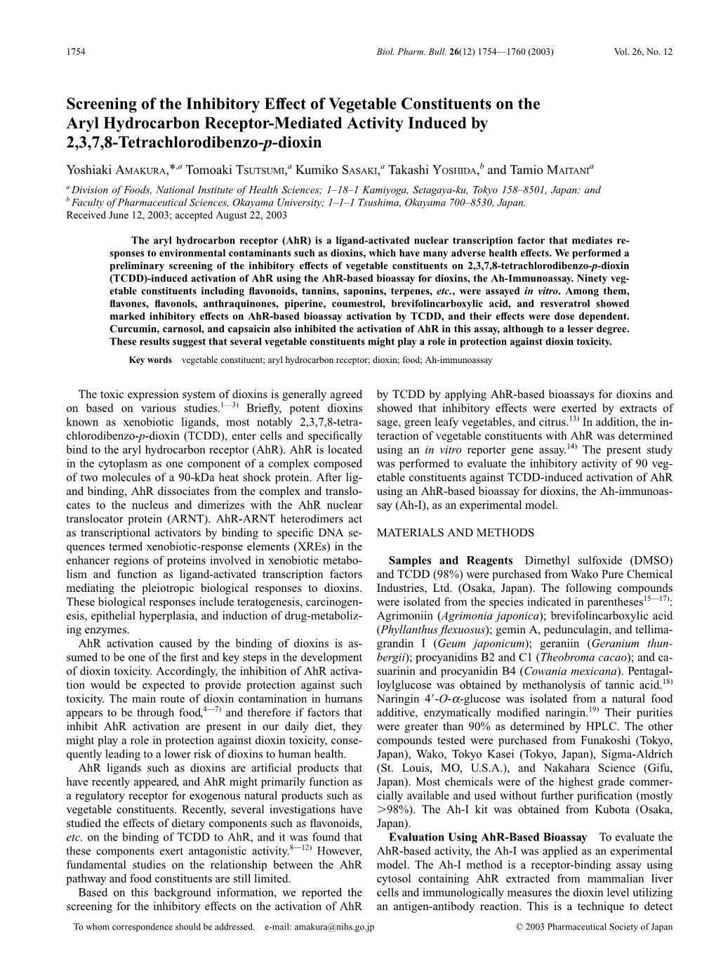 Screening of the Inhibitory Effect of Vegetable Constituents on the Aryl Hydrocarbon Receptor-Mediated Activity Induced by 2, 3, 7, 8-Tetrachlorodibenzo-P-Dioxin