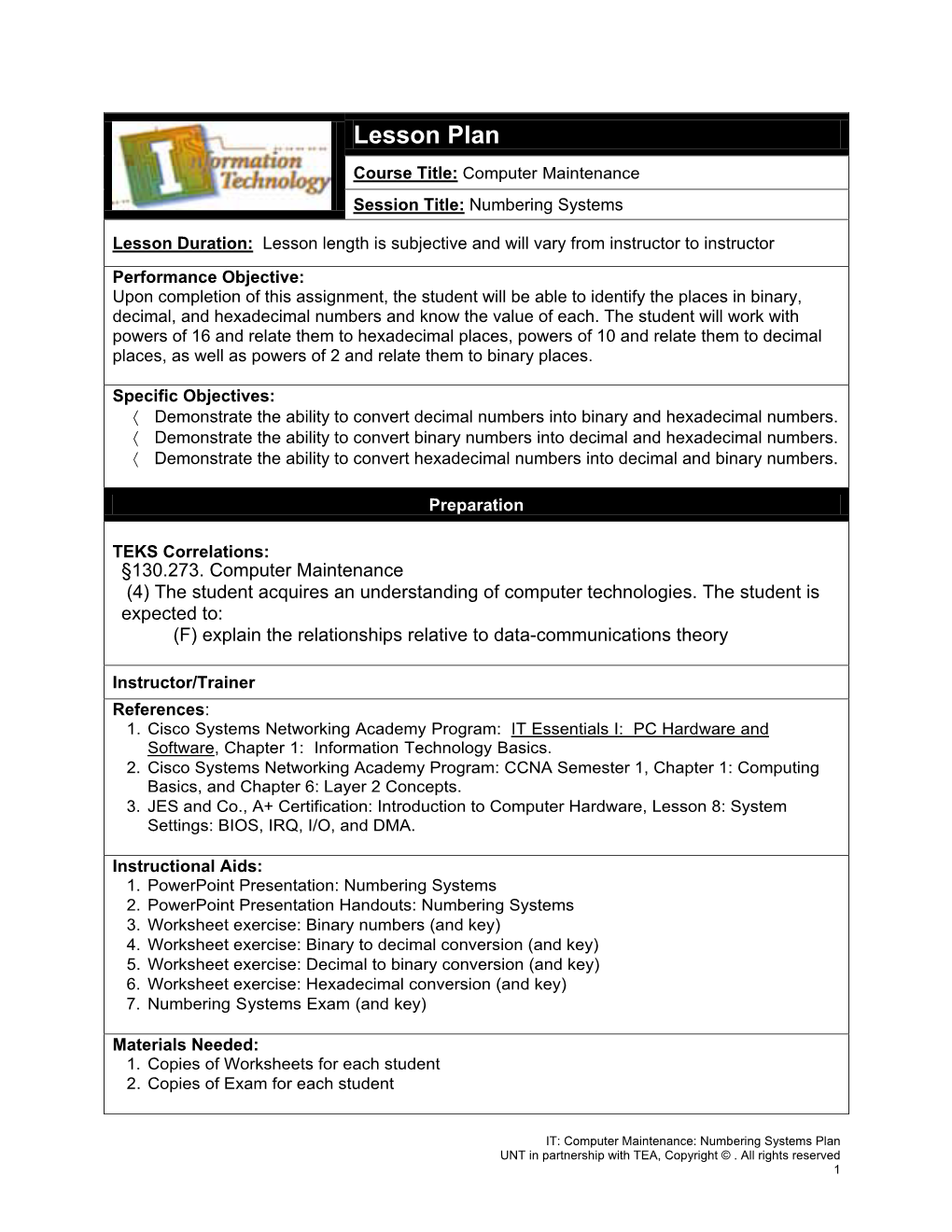 Lesson Plan for Numbering, Worksheets, and Exams