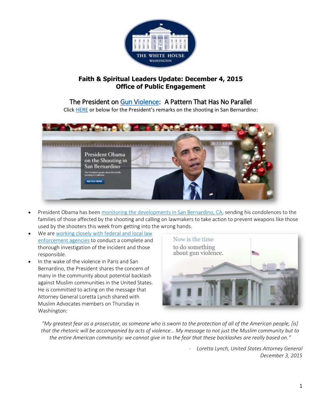 The President on Gun Violence: a Pattern That Has No Parallel Click HERE Or Below for the President’S Remarks on the Shooting in San Bernardino