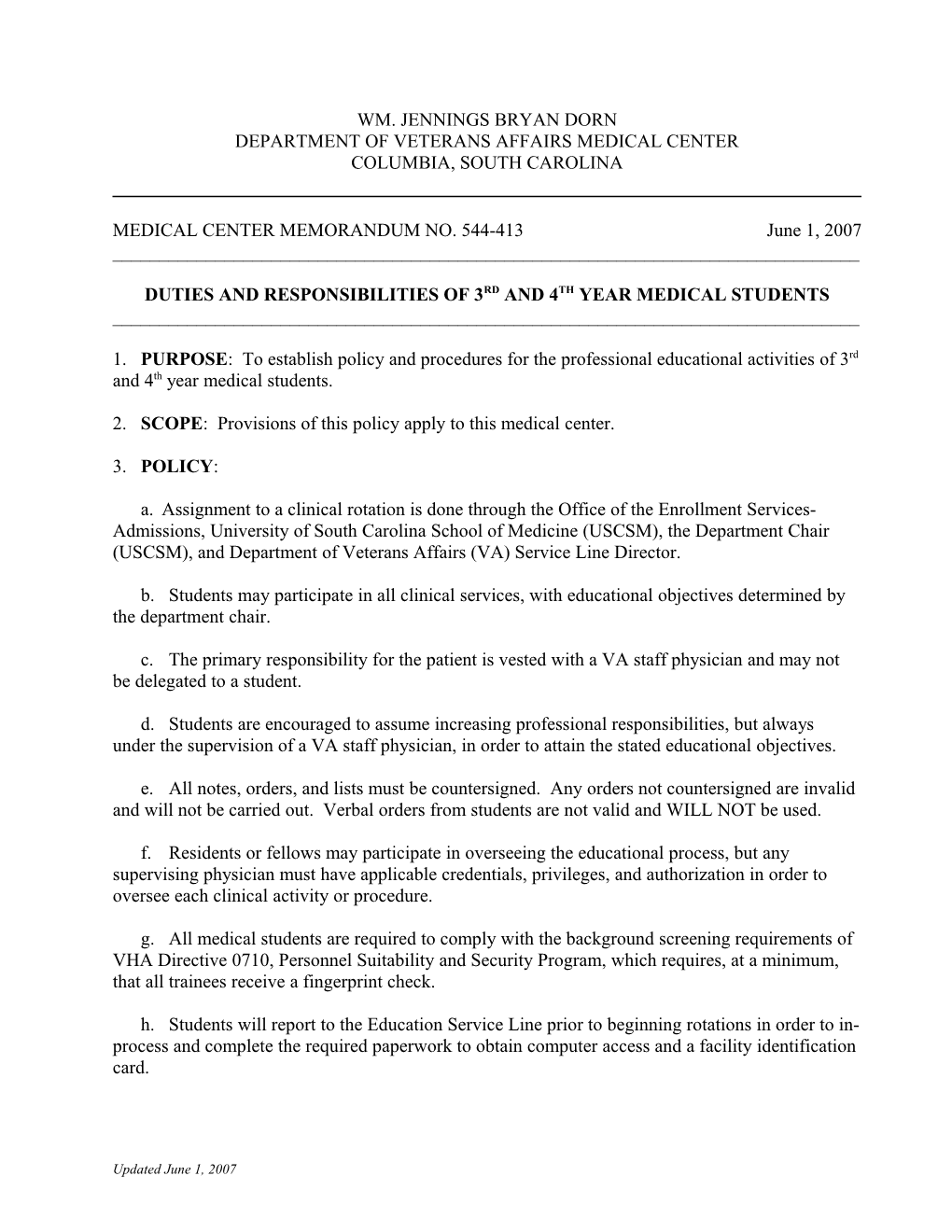 Duties and Responsibilities of 3Rd and 4Th Year Medical Students