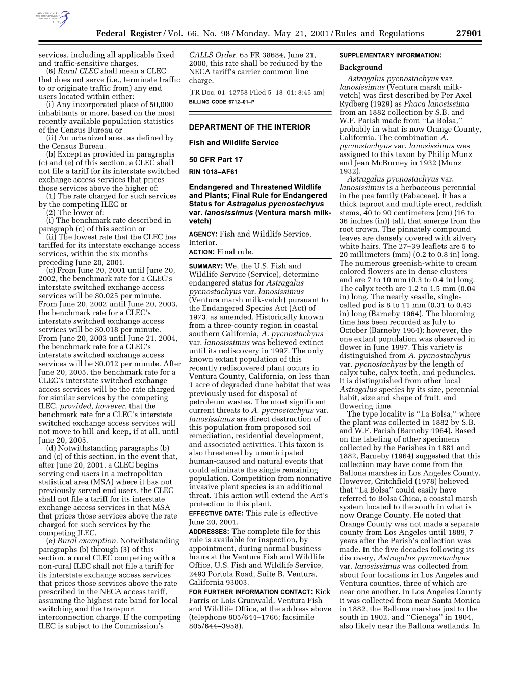 Final Rule for Endangered Status for Astragalus Pycnostachyus Var
