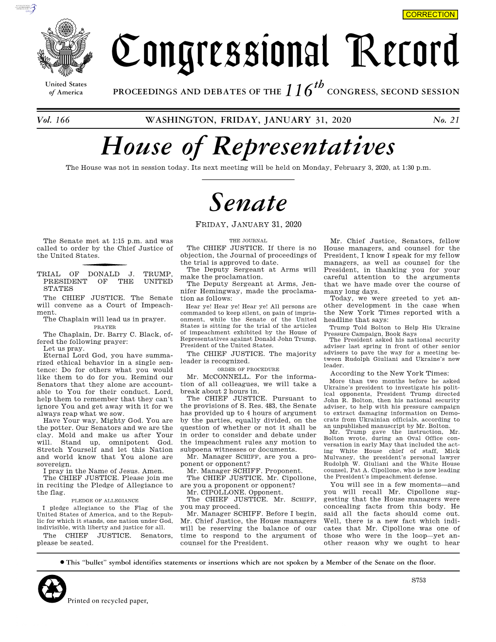 Congressional Record United States Th of America PROCEEDINGS and DEBATES of the 116 CONGRESS, SECOND SESSION