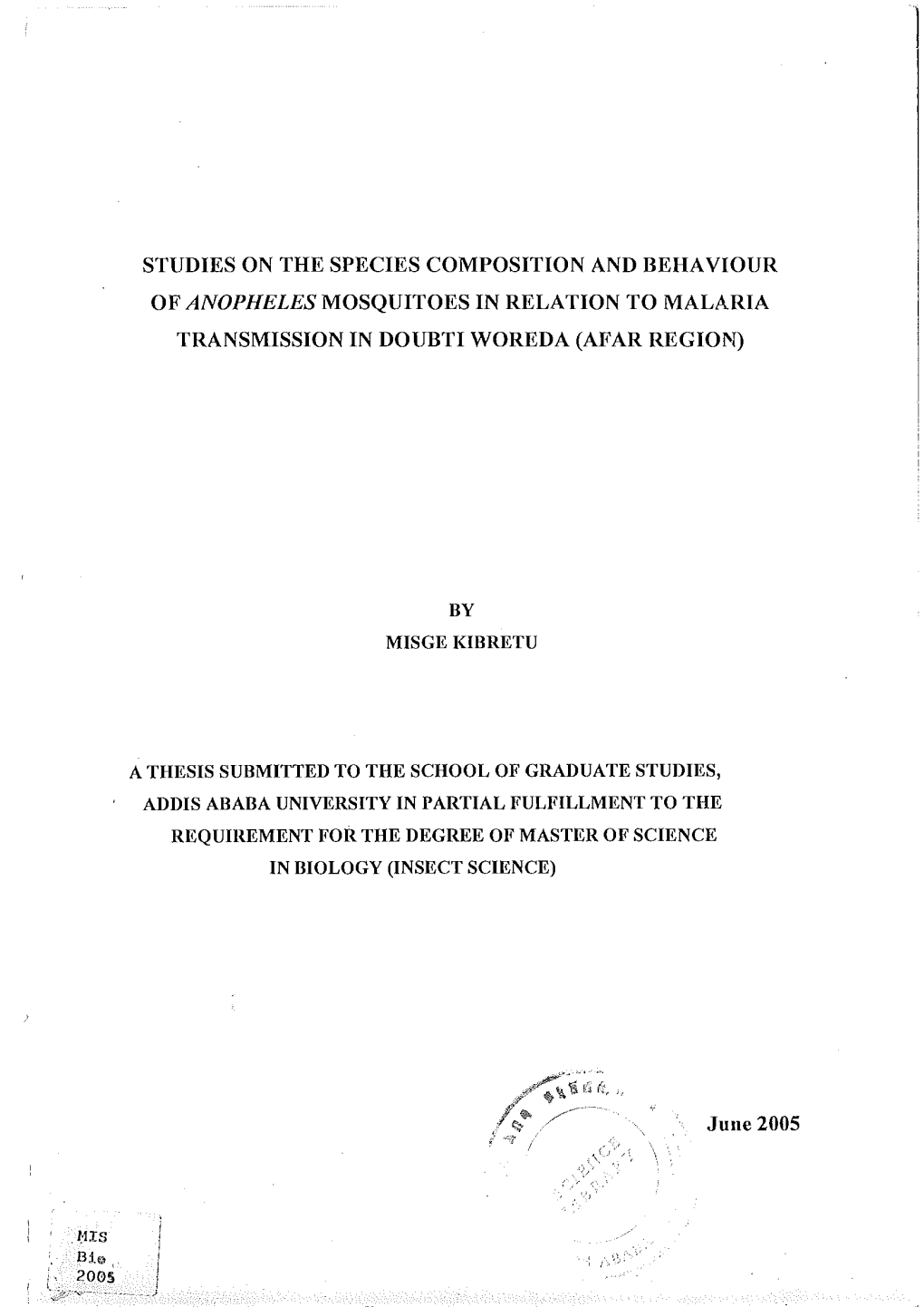 Studies on the Species Composition and Behaviour of Anopheles Mosquitoes in Relation to Malaria Transmission in Doubti Woreda (Afar Region)