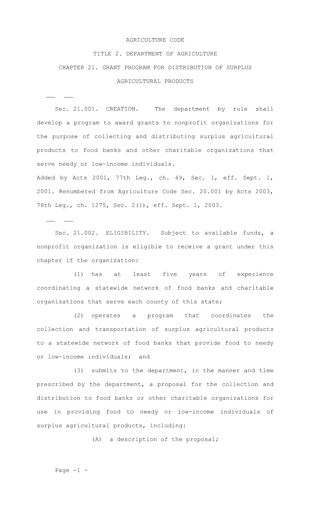 Chapter 21. Grant Program for Distribution of Surplus Agricultural Products