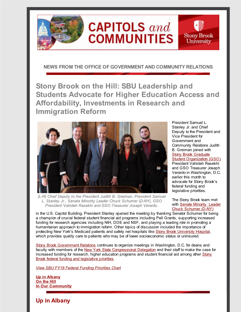 Stony Brook on the Hill: SBU Leadership and Students Advocate for Higher Education Access and Affordability, Investments in Research and Immigration Reform