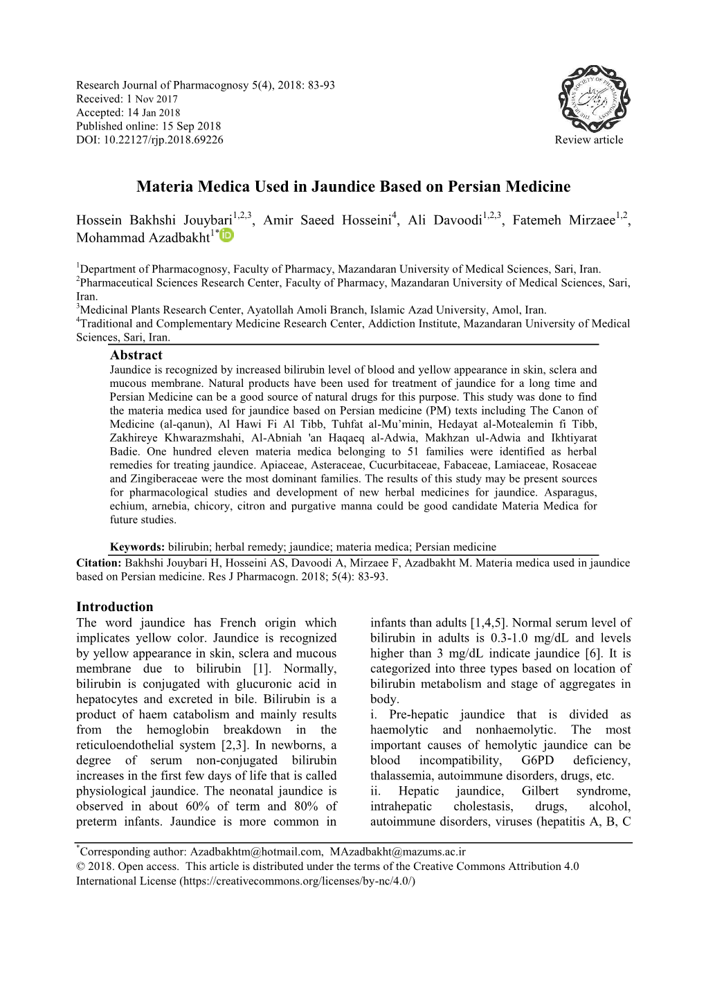 Materia Medica Used in Jaundice Based on Persian Medicine