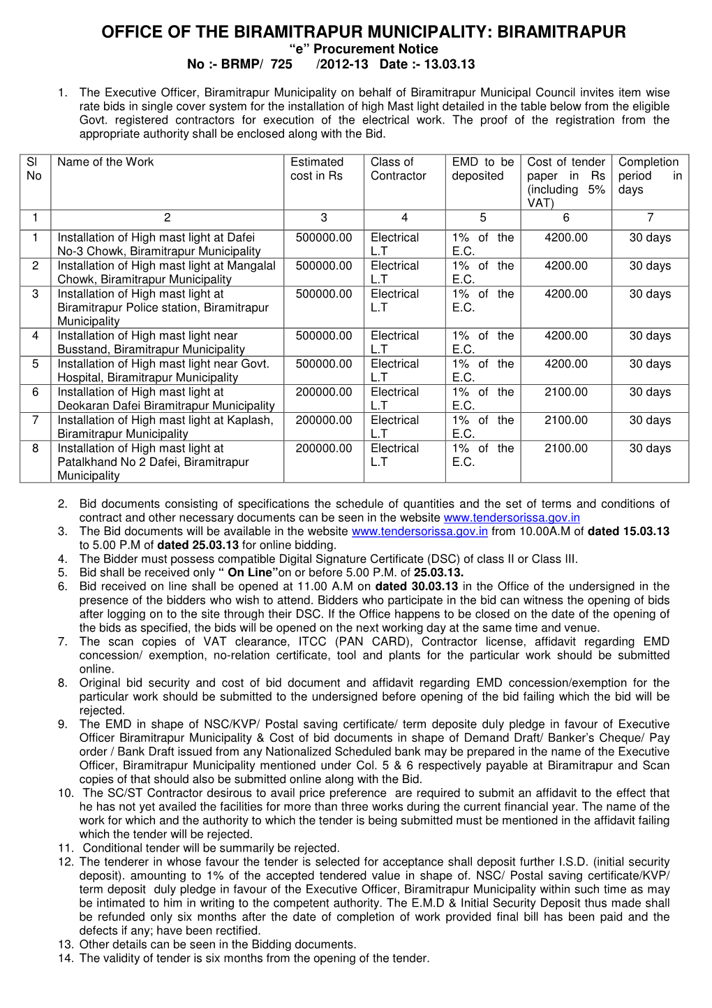 OFFICE of the BIRAMITRAPUR MUNICIPALITY: BIRAMITRAPUR “E” Procurement Notice No :- BRMP/ 725 /2012-13 Date :- 13.03.13