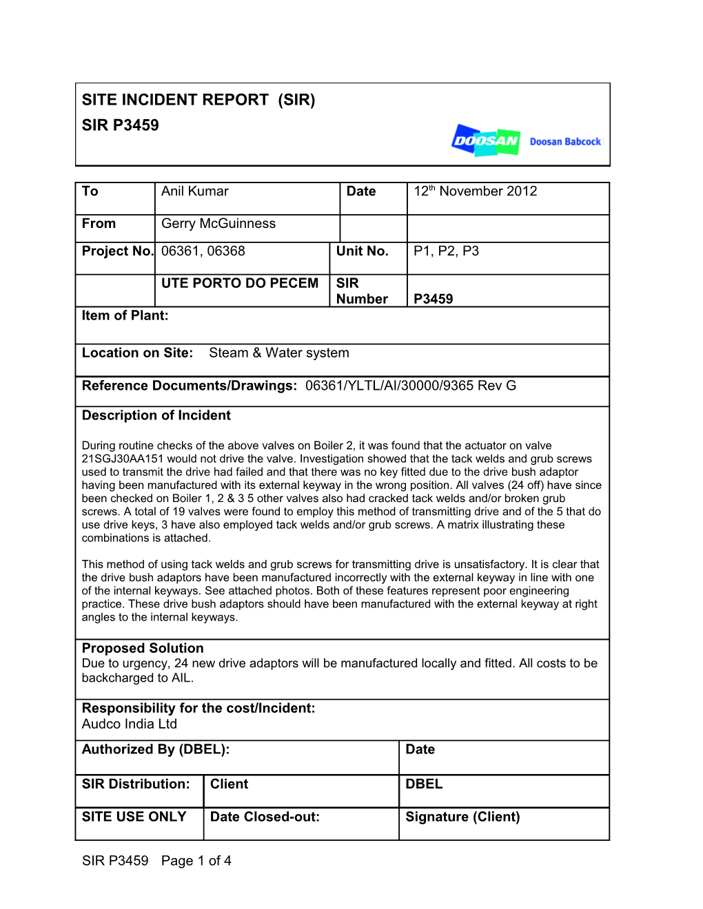 Site Incident Report (Sir)