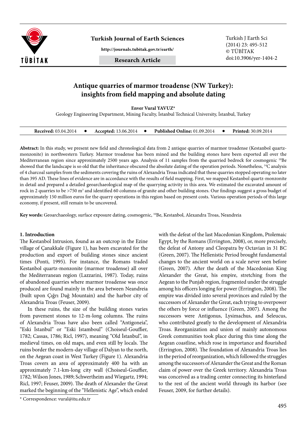 Antique Quarries of Marmor Troadense (NW Turkey): Insights from Field Mapping and Absolute Dating