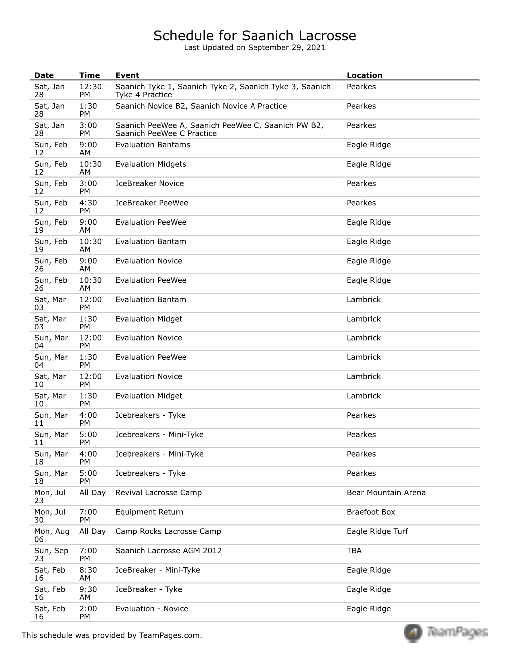 Schedule for Saanich Lacrosse Last Updated on September 29, 2021