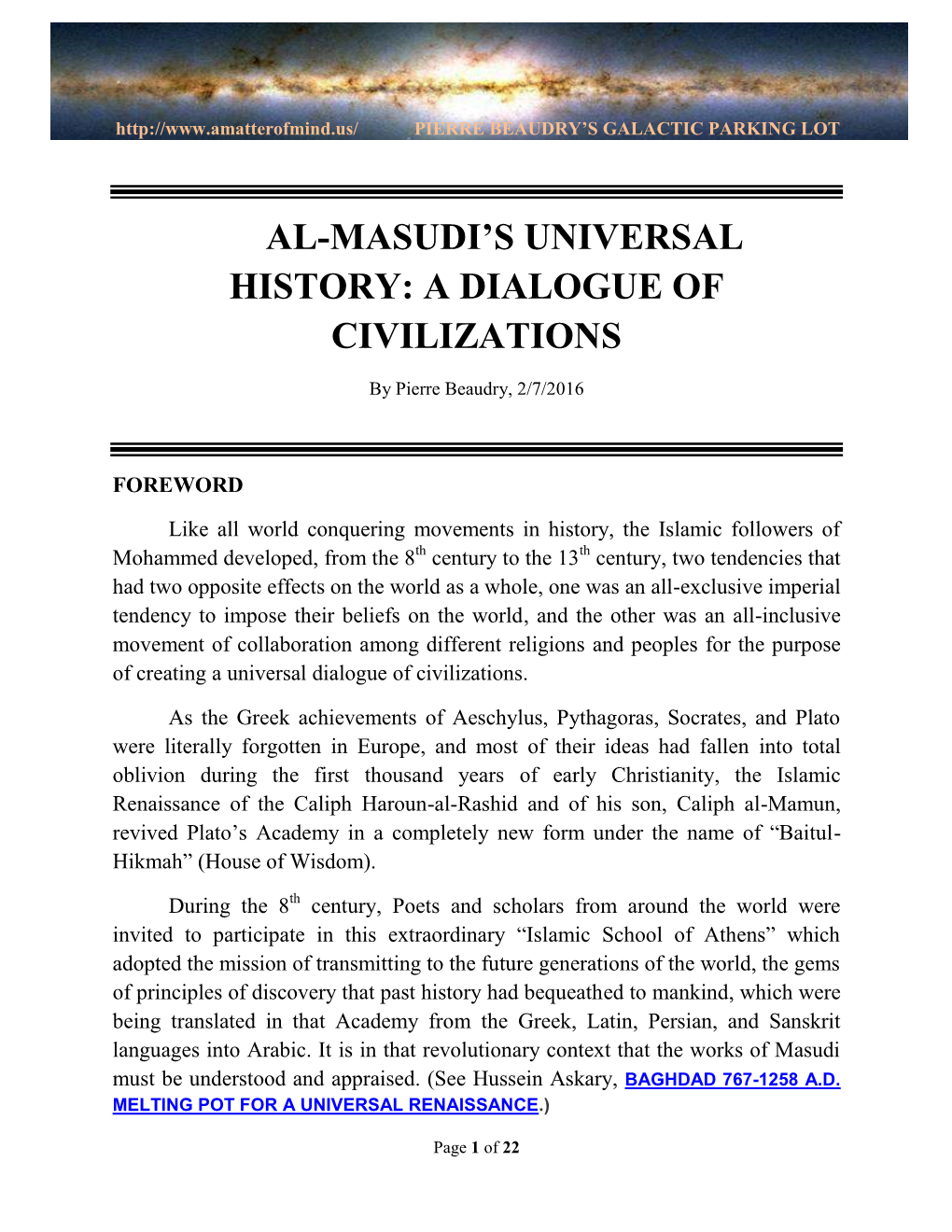 Al-Masudi's Universal History: a Dialogue of Civilizations