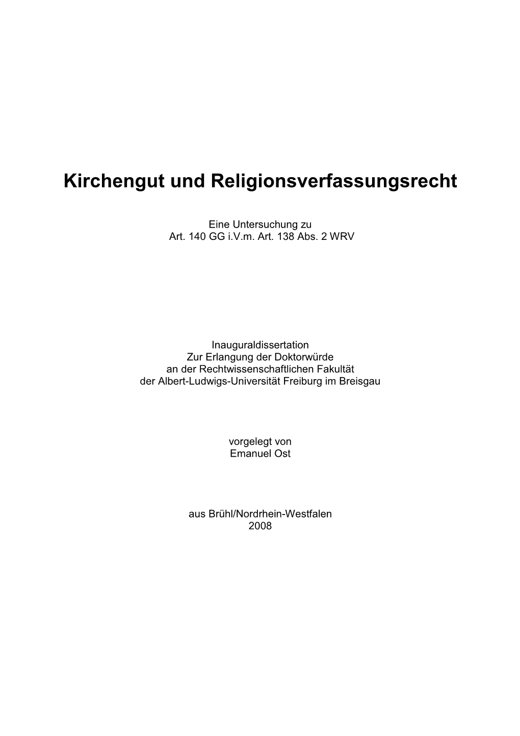 Kirchengut Und Religionsverfassungsrecht