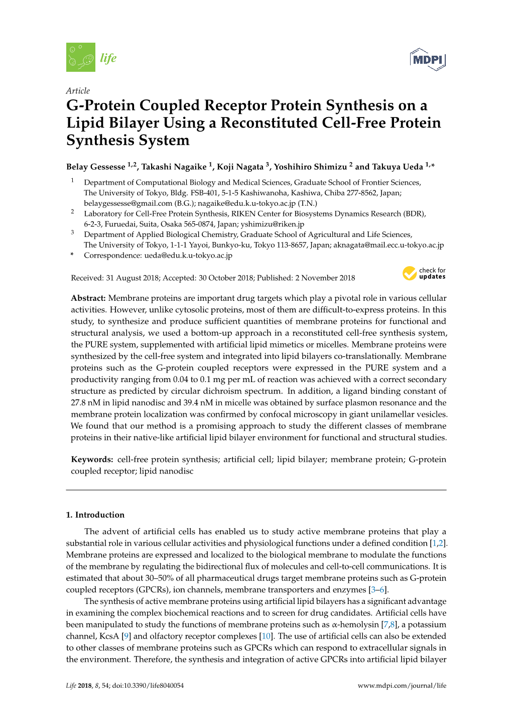 G-Protein Coupled Receptor Protein Synthesis on a Lipid Bilayer Using a Reconstituted Cell-Free Protein Synthesis System