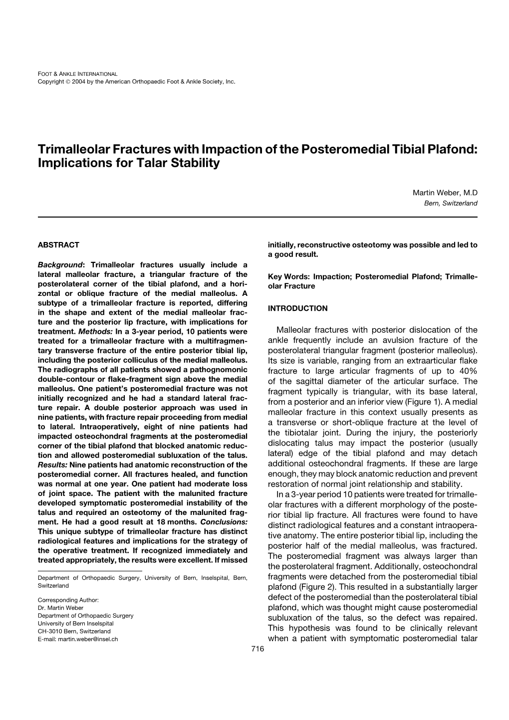 Trimalleolar Fractures with Impaction of the Posteromedial Tibial Plafond: Implications for Talar Stability