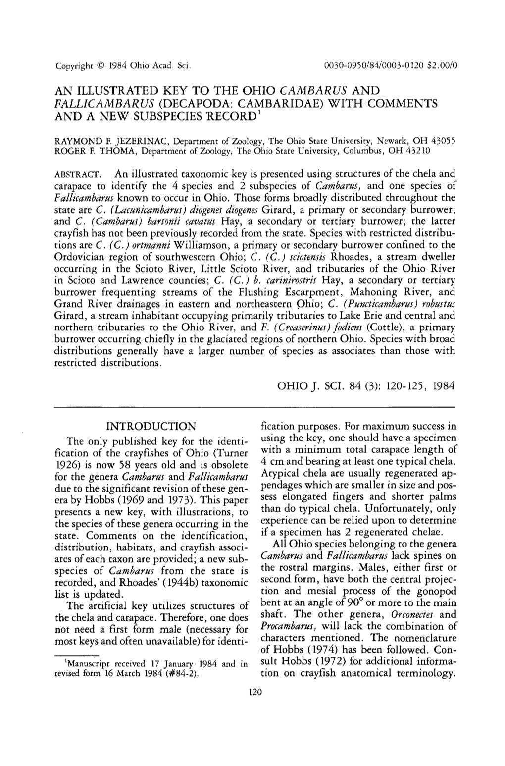 An Illustrated Key to the Ohio Cambarus and Fallicambarus (Decapoda: Cambaridae) with Comments and a New Subspecies Record1