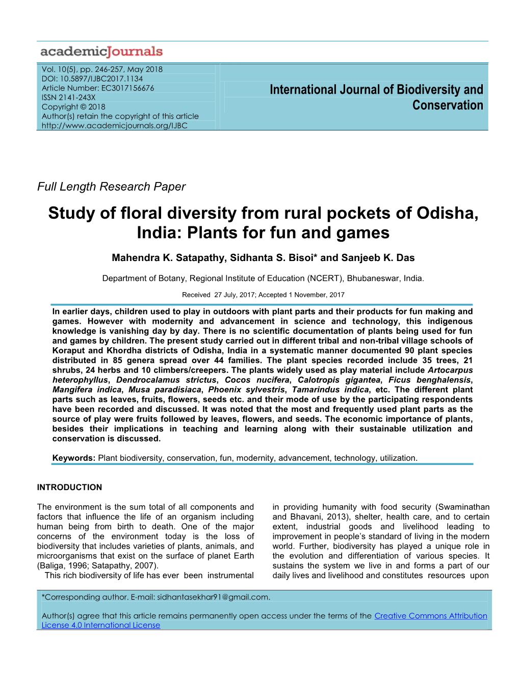 Study of Floral Diversity from Rural Pockets of Odisha, India: Plants for Fun and Games