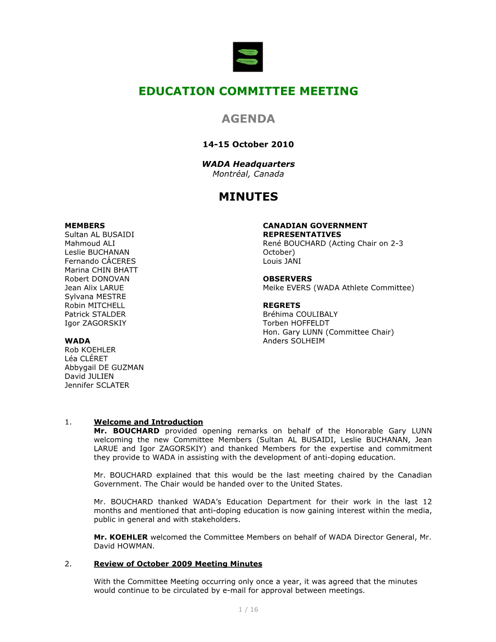 Education Committee Meeting Minutes