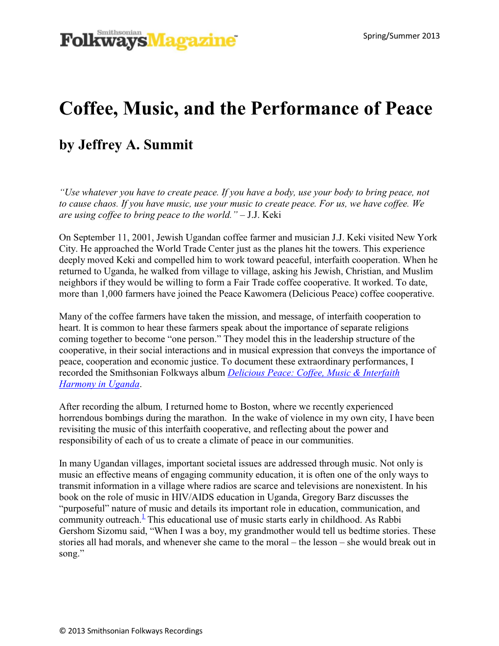 Coffee, Music, and the Performance of Peace by Jeffrey A