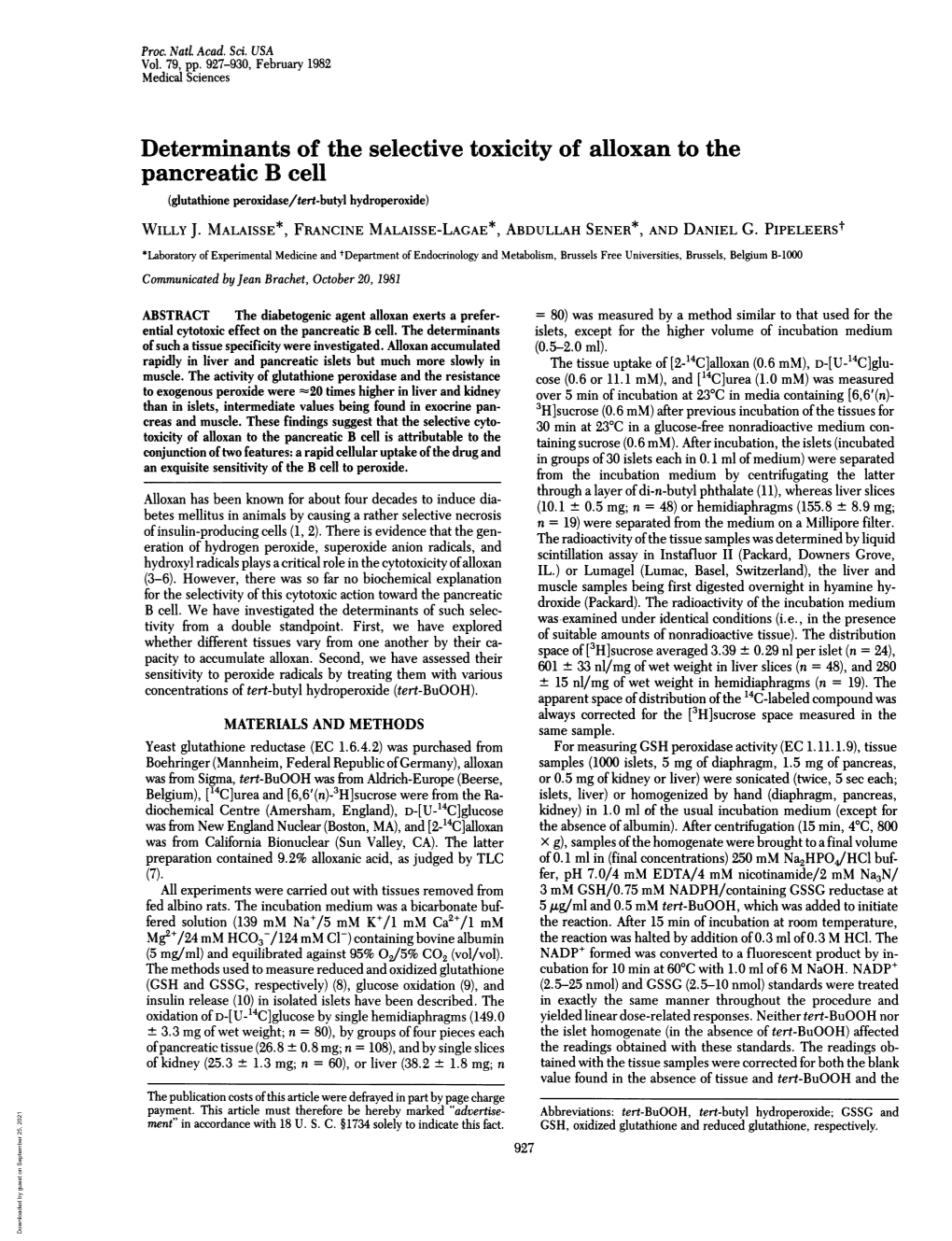 Determinants of the Selective Toxicity of Alloxan to the Pancreatic B Cell (Glutathione Peroxidase/Tert-Butyl Hydroperoxide) WILLY J