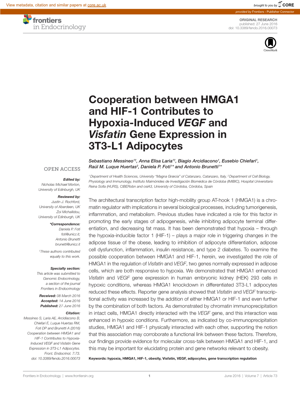 Cooperation Between Hmga1 and Hif-1 Contributes to Hypoxia-Induced VEGF and Visfatin Gene Expression in 3T3-L1 Adipocytes