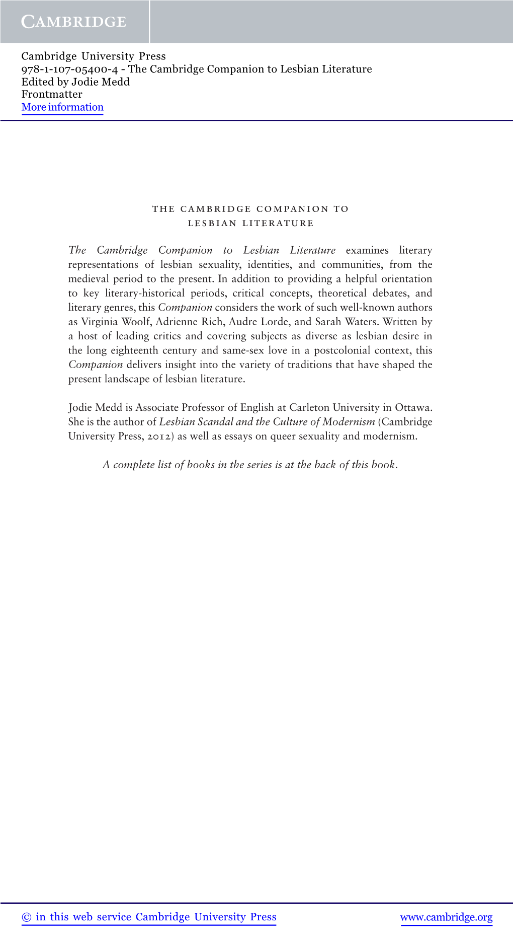 The Cambridge Companion to Lesbian Literature Edited by Jodie Medd Frontmatter More Information