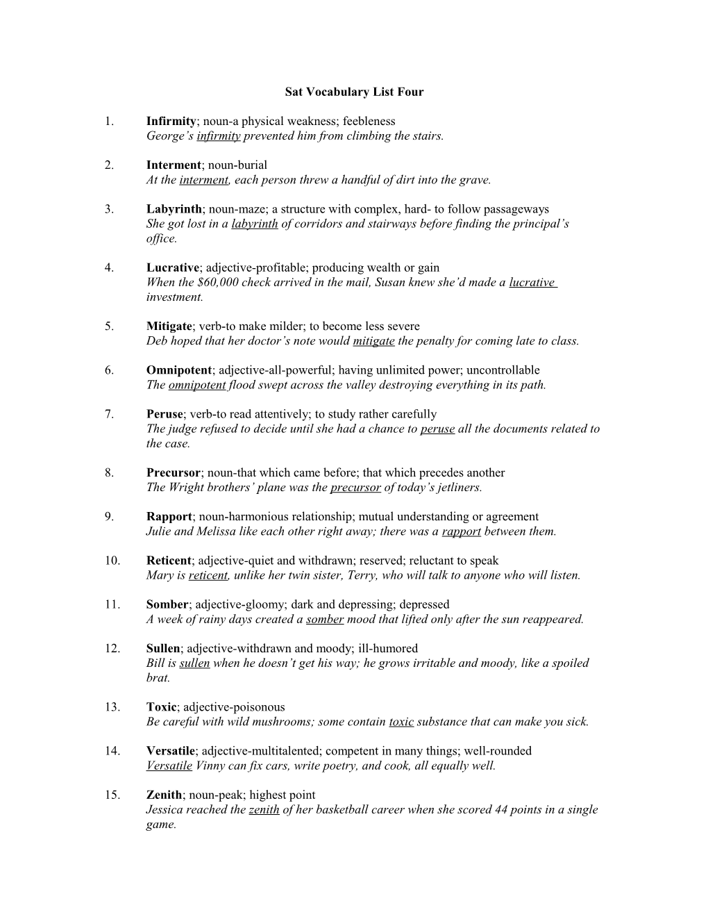 Sat Vocabulary List Four