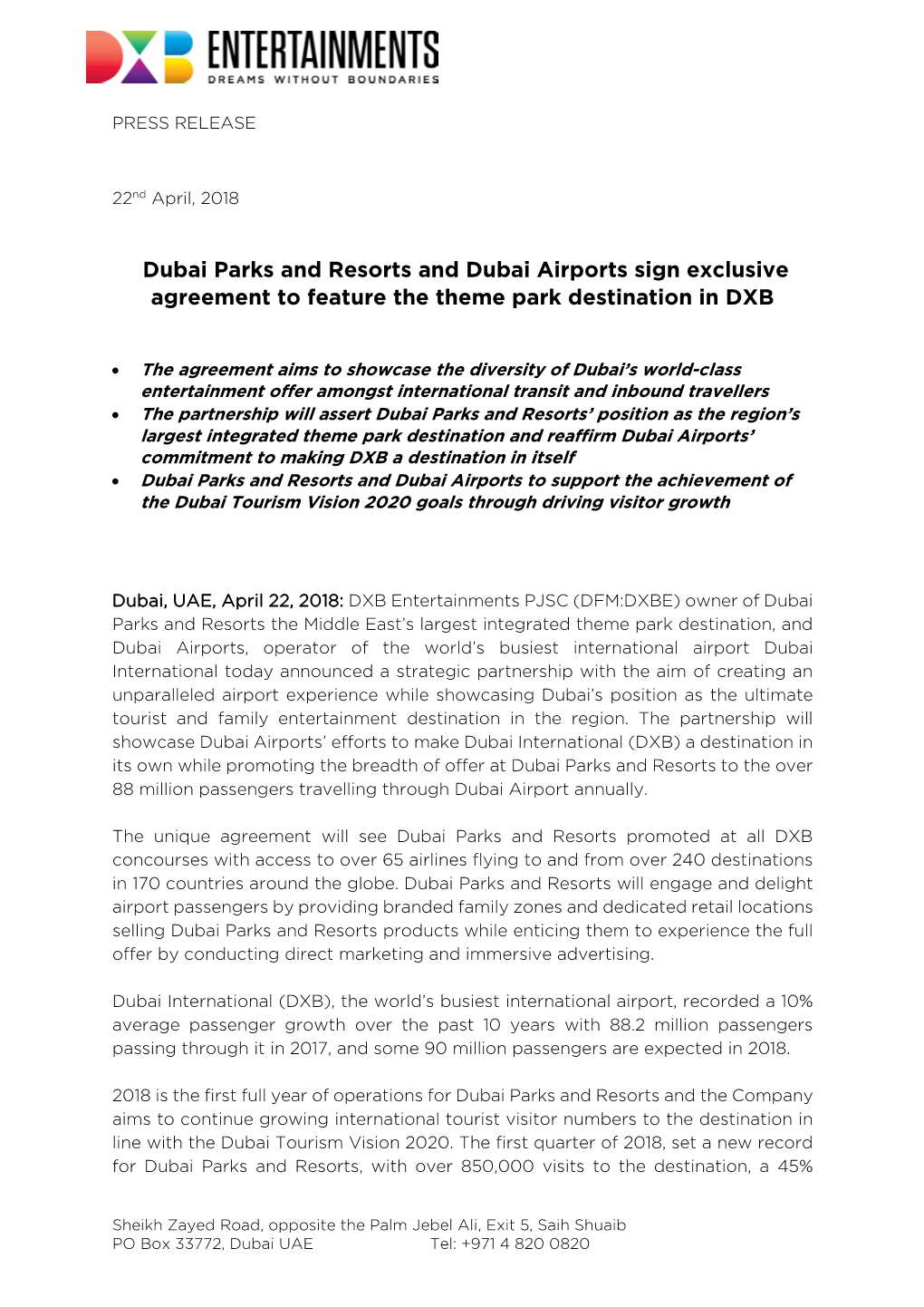 Dubai Parks and Resorts and Dubai Airports Sign Exclusive Agreement to Feature the Theme Park Destination in DXB