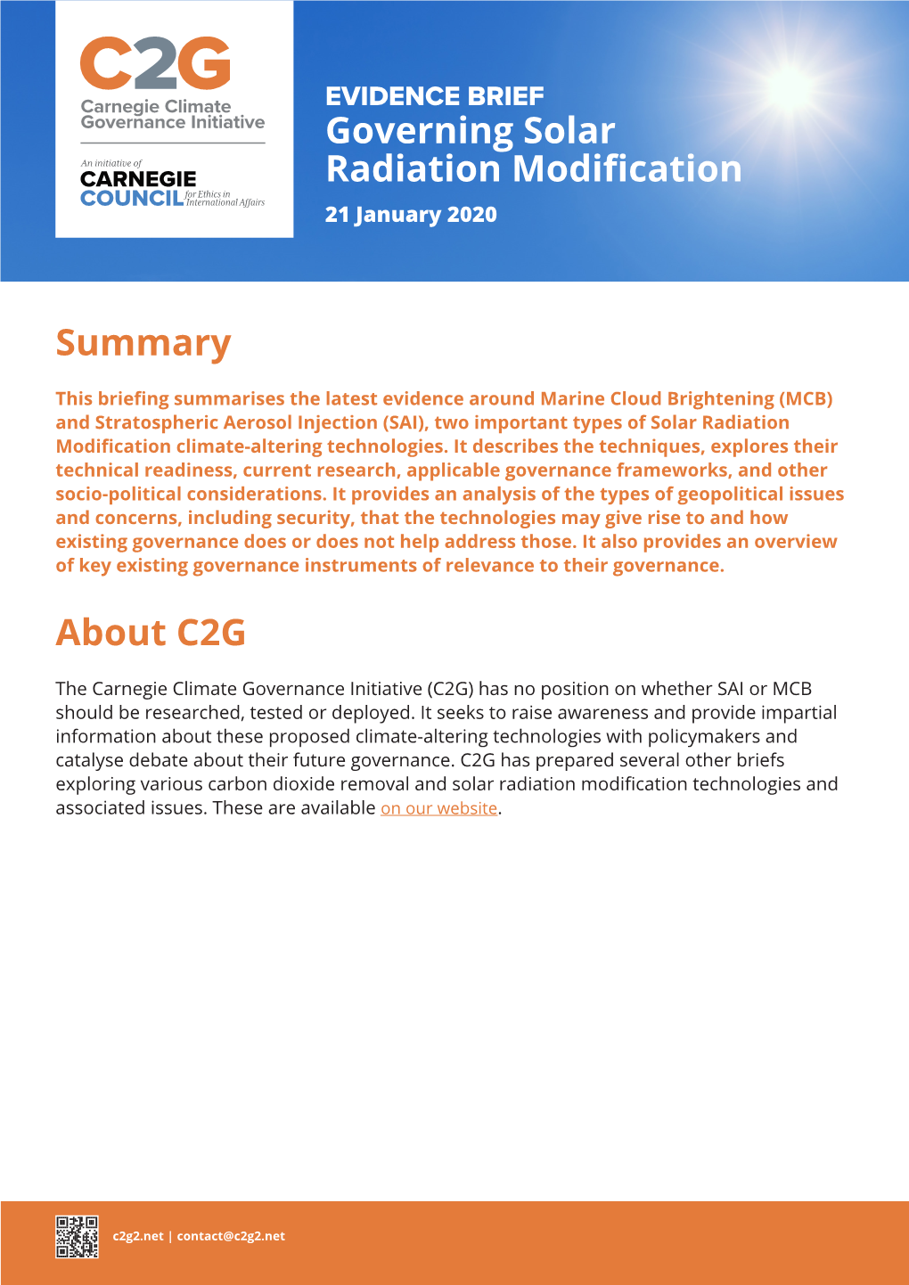 Summary About C2G Governing Solar Radiation Modification