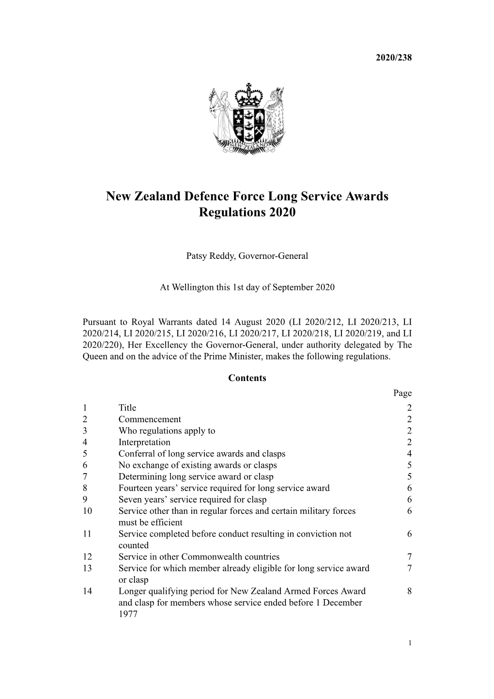 New Zealand Defence Force Long Service Awards Regulations 2020