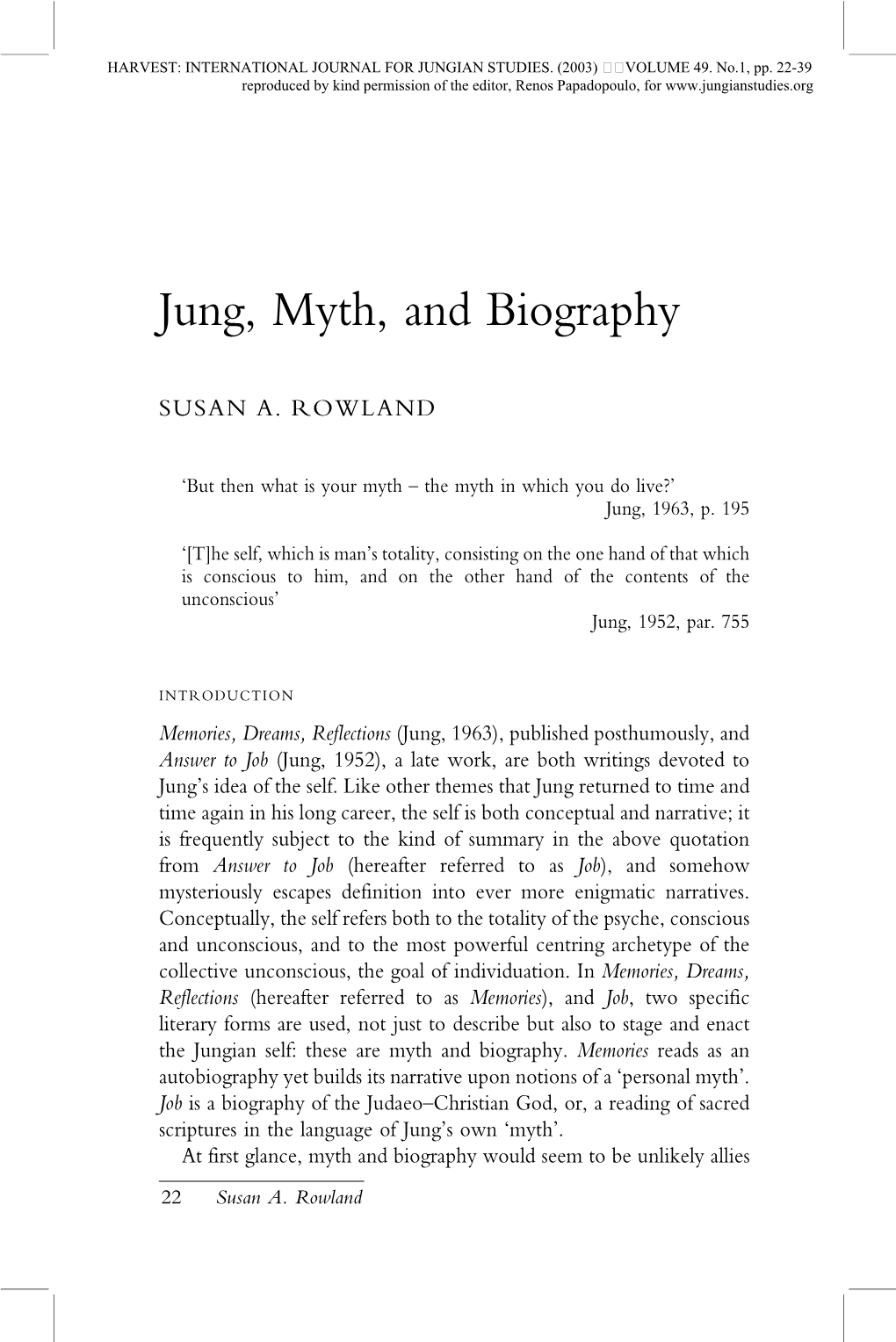 Jung, Myth and Biography by Susan A. Rowland