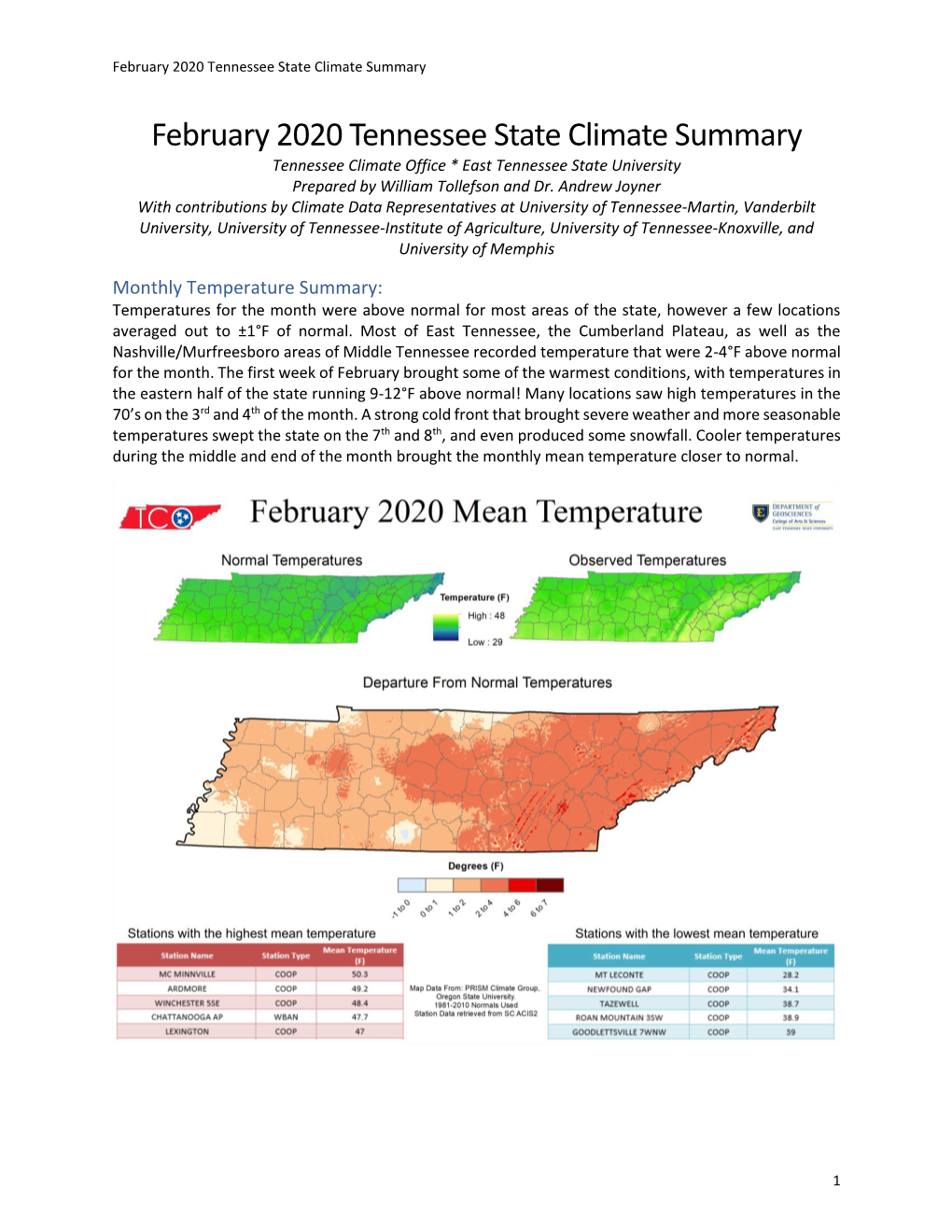 February 2020 Tennessee State Climate Summary