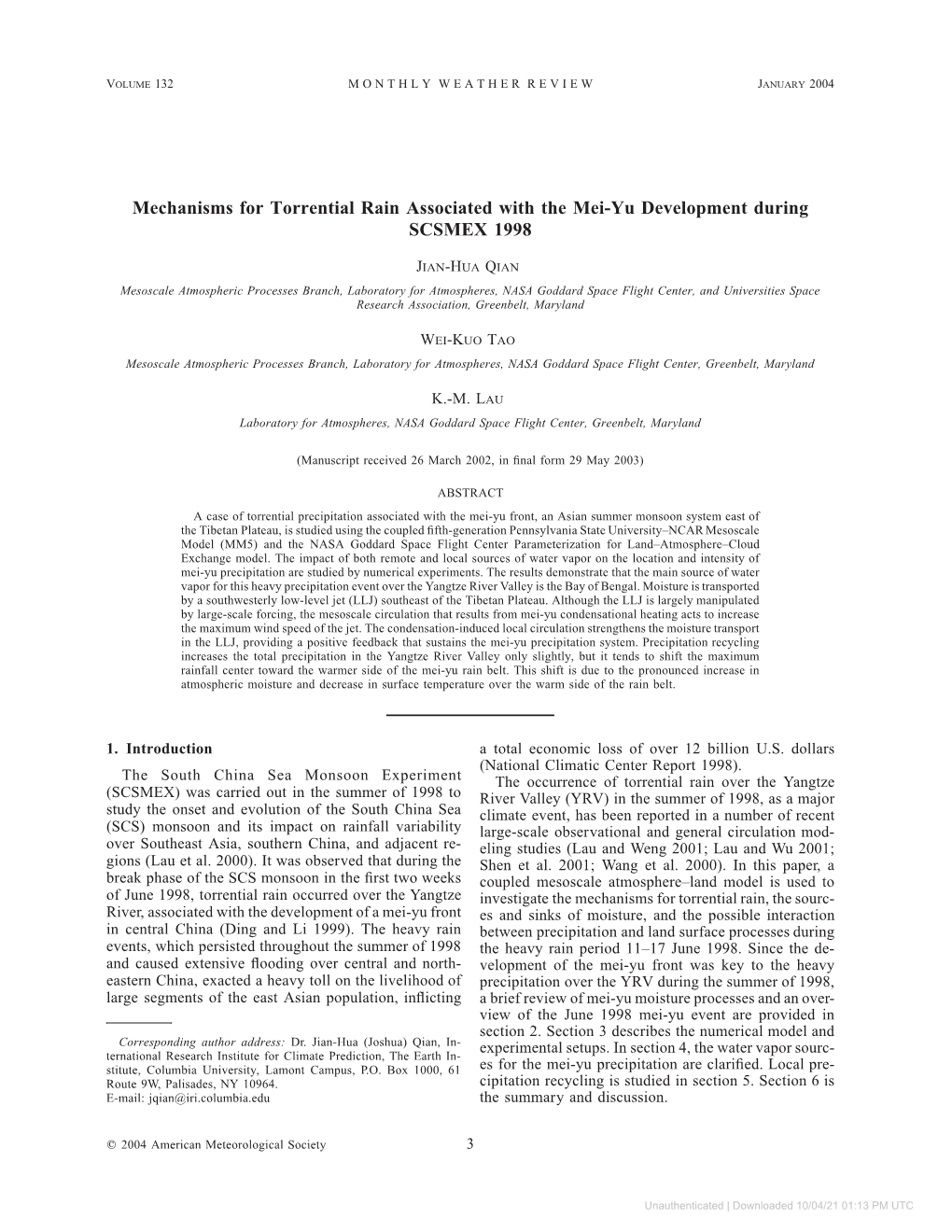 Mechanisms for Torrential Rain Associated with the Mei-Yu Development During SCSMEX 1998