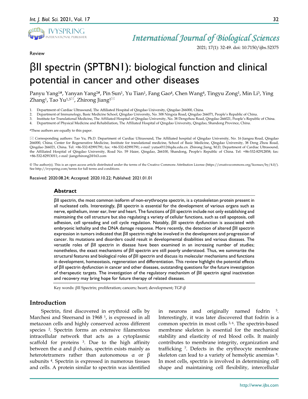 Βii Spectrin (SPTBN1): Biological Function and Clinical Potential In